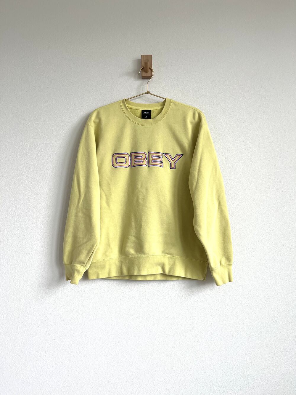OBEY Worldwide Butter Yellow Skater Warped Logo Embroidered Crewneck Sweatshirt